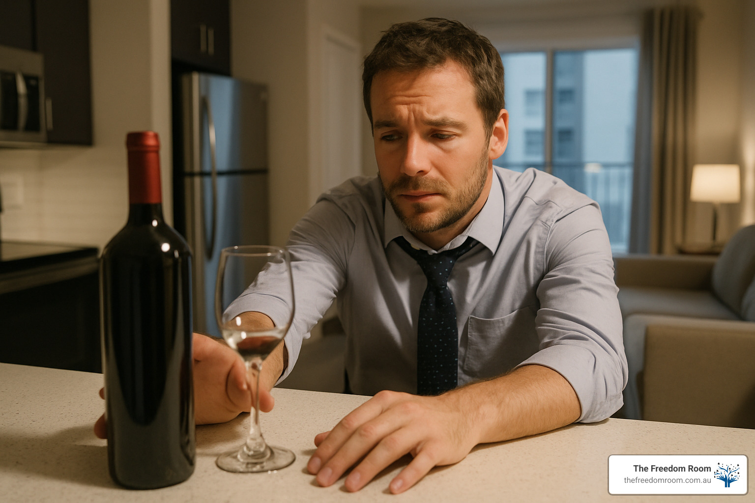 Person reaching for wine bottle after stressful day at work - Stress and alcohol addiction