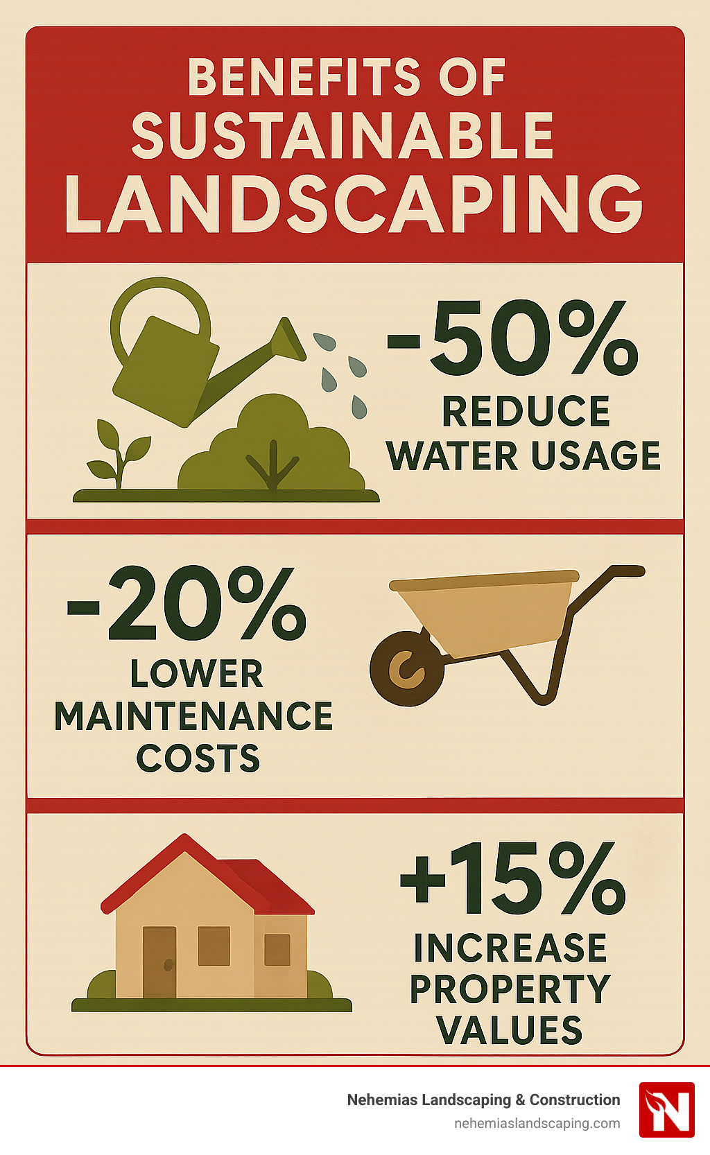 Infographic illustrating benefits of sustainable landscaping, featuring icons for water conservation, maintenance cost reduction, and property value increase, branded with Nehemias Landscaping & Construction logo.