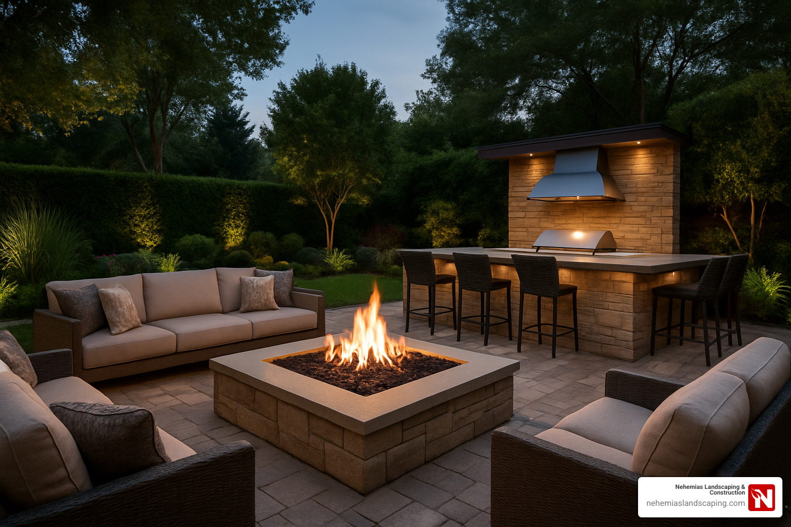 Luxury outdoor patio featuring a fire pit, comfortable seating, and a modern outdoor kitchen, showcasing Nehemias Landscaping & Construction's craftsmanship in creating elegant outdoor living spaces.