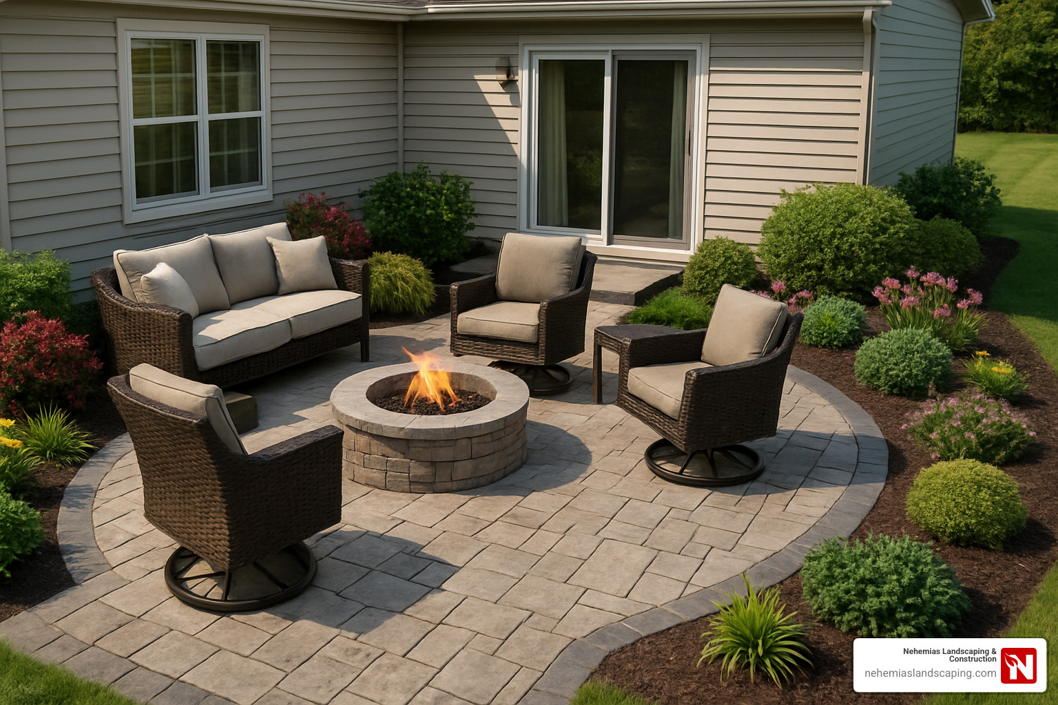 Outdoor patio featuring a circular stone fire pit surrounded by stylish wicker seating, lush greenery, and a well-maintained landscape, illustrating professional backyard design by Nehemias Landscaping & Construction.