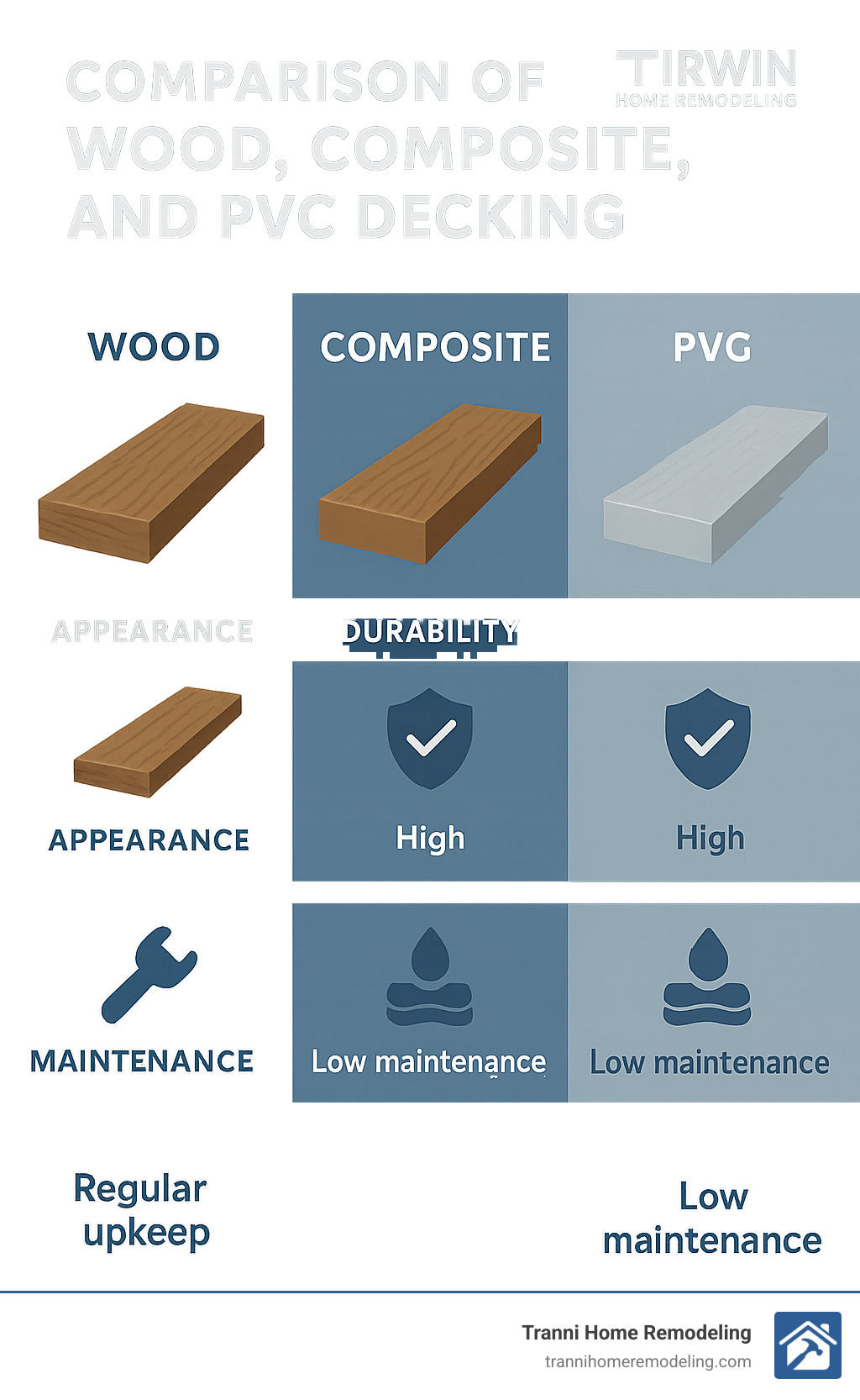 Comparison of wood, composite, and PVC decking showing appearance, durability, and maintenance requirements - decking contractor near me infographic 