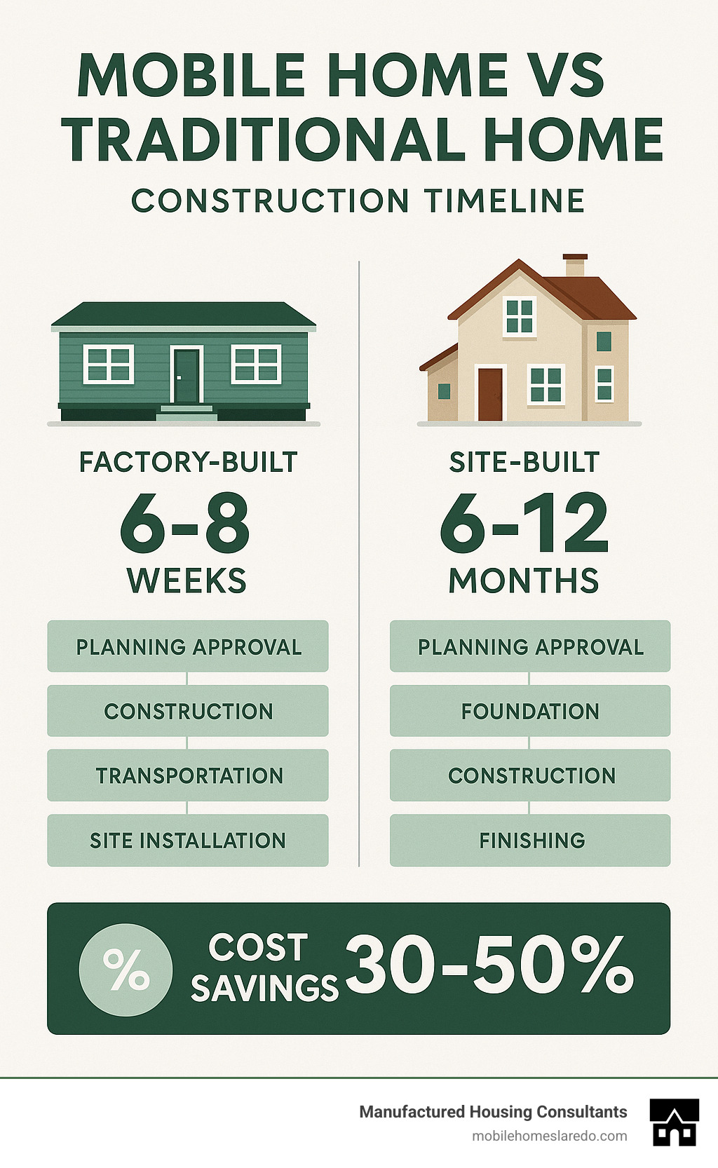 Comparison of mobile home vs traditional home construction timeline, showing factory-built homes completed in 6-8 weeks versus 6-12 months for site-built homes, with breakdown of construction stages and cost savings of 30-50% - mobile house company infographic  Comparison of mobile home vs traditional home construction timeline, showing factory-built homes completed in 6-8 weeks versus 6-12 months for site-built homes, with breakdown of construction stages and cost savings of 30-50% - mobile house company infographic