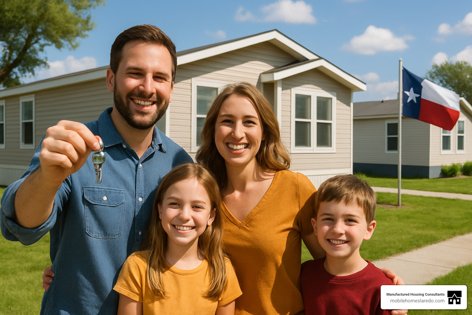 Happy family standing in front of their new manufactured home - mobile house company Happy family standing in front of their new manufactured home - mobile house company