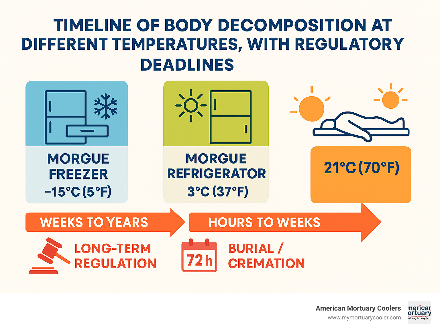 Infographic: Timeline of body decomposition at different temperatures, with regulatory deadlines - is a morgue a freezer infographic 