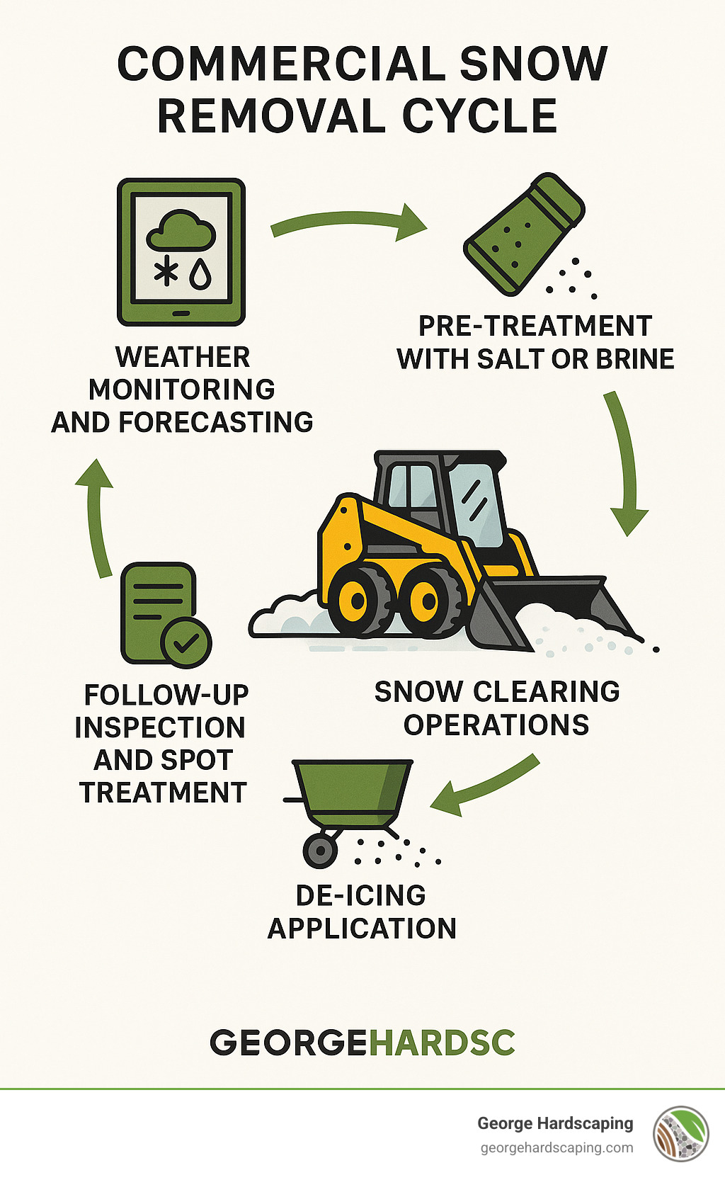 Commercial snow removal cycle showing the 5 stages: 1) Weather monitoring and forecasting, 2) Pre-treatment with salt or brine, 3) Snow clearing operations with appropriate equipment, 4) De-icing application, 5) Follow-up inspection and spot treatment - commercial snow removal infographic