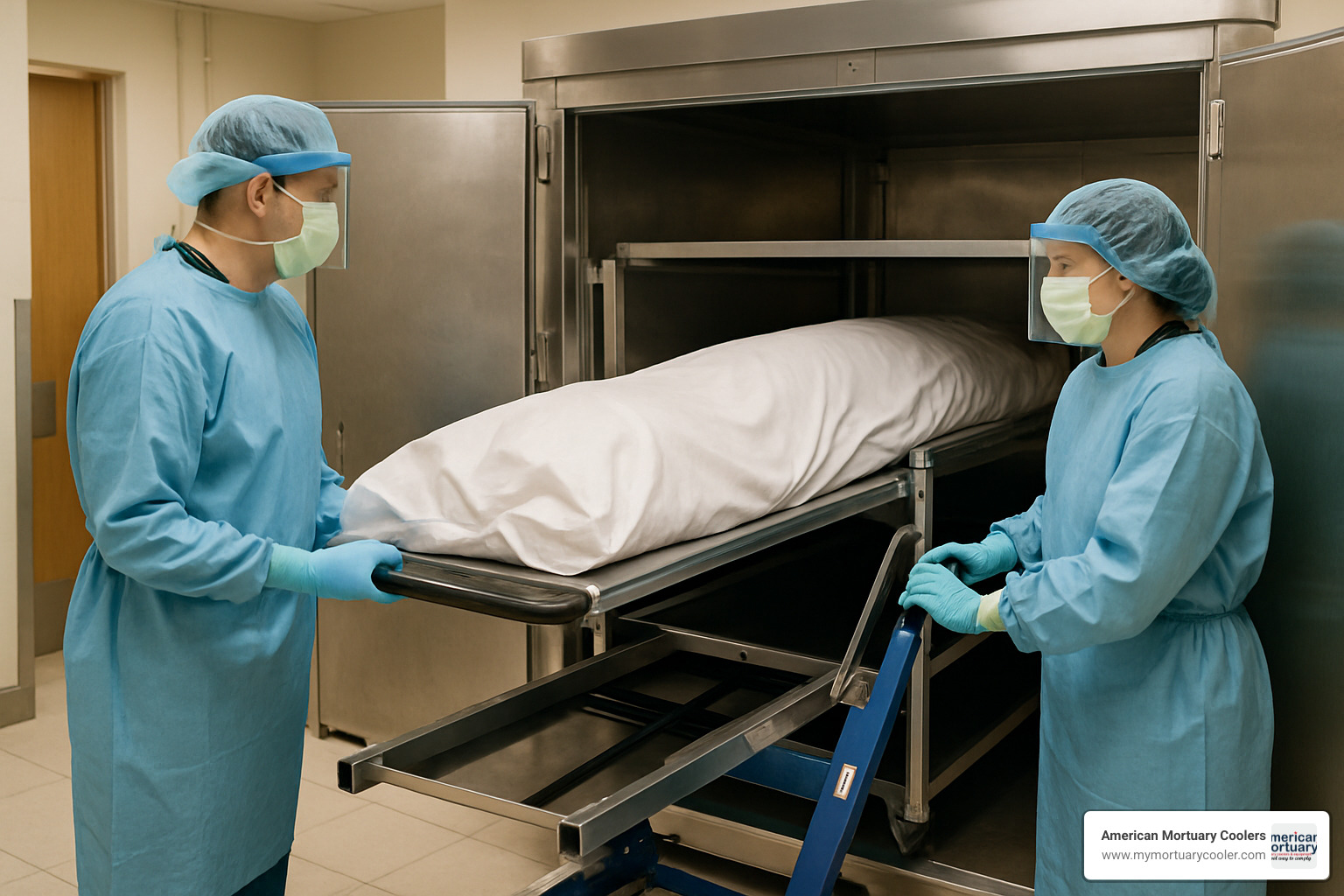 Staff safely loading a body onto a rack in a mortuary cooler using a lift system - is a morgue a freezer