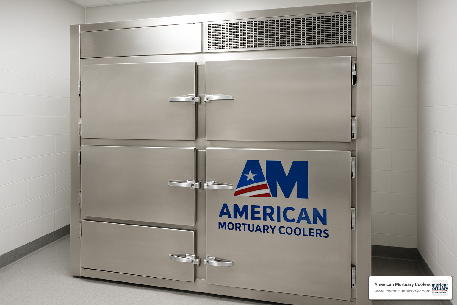 American Mortuary Coolers logo on a custom morgue refrigeration unit - is a morgue a freezer