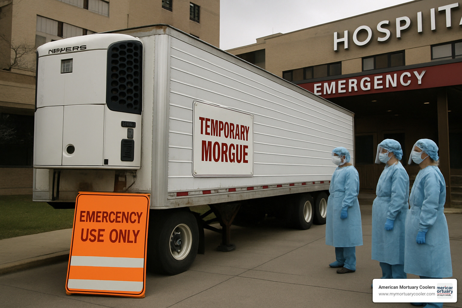 Refrigerated trailer morgue setup outside a hospital during a disaster response - is a morgue a freezer
