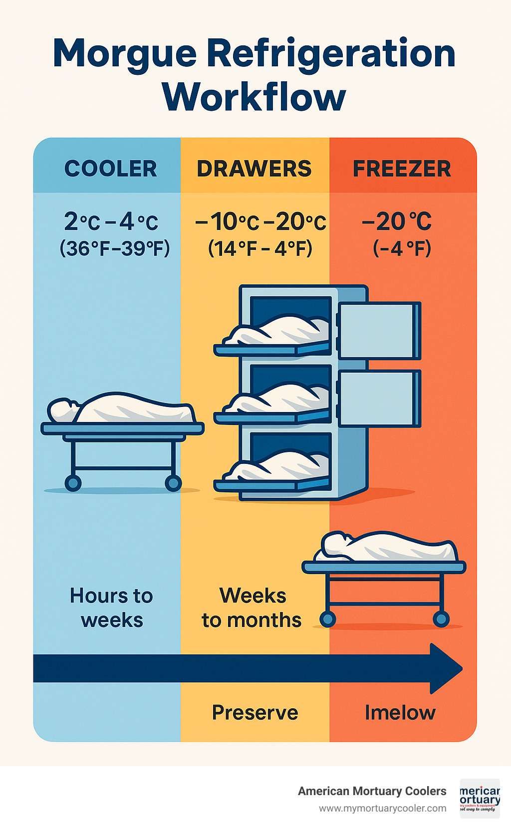 Morgue refrigeration workflow showing temperature zones, body storage methods, and preservation timeline - is a morgue a freezer infographic 