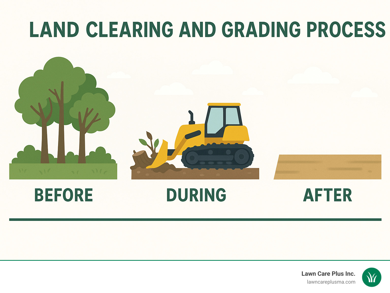 Land clearing and grading process showing before, during, and after phases - land cleanup services infographic