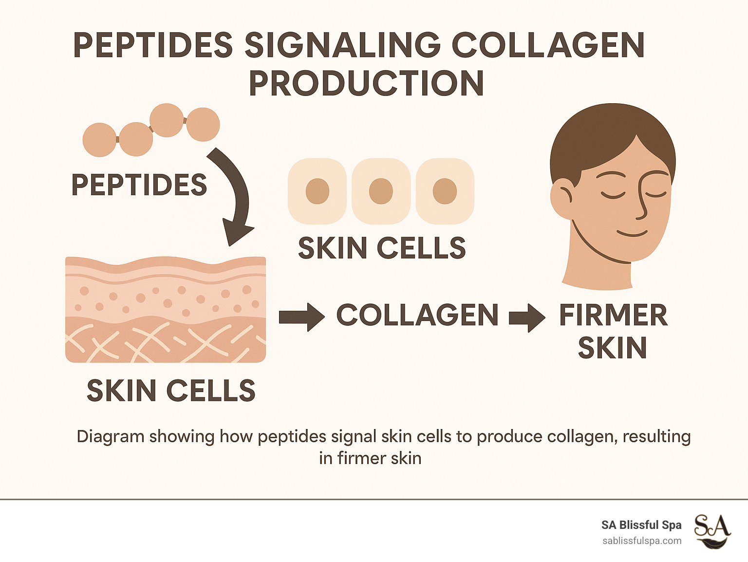 Diagram showing how peptides signal skin cells to produce collagen, resulting in firmer skin - anti aging and skin care infographic 