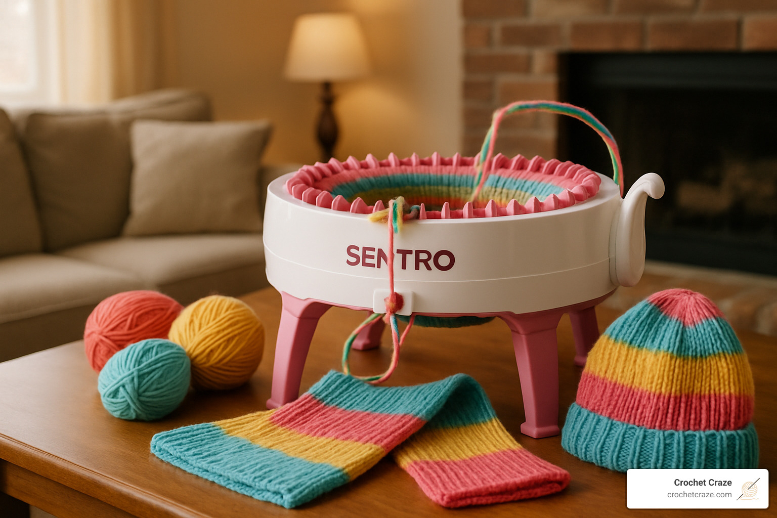 Sentro 48-Pin circular knitting machine with yarn and completed projects - circular knitting machine