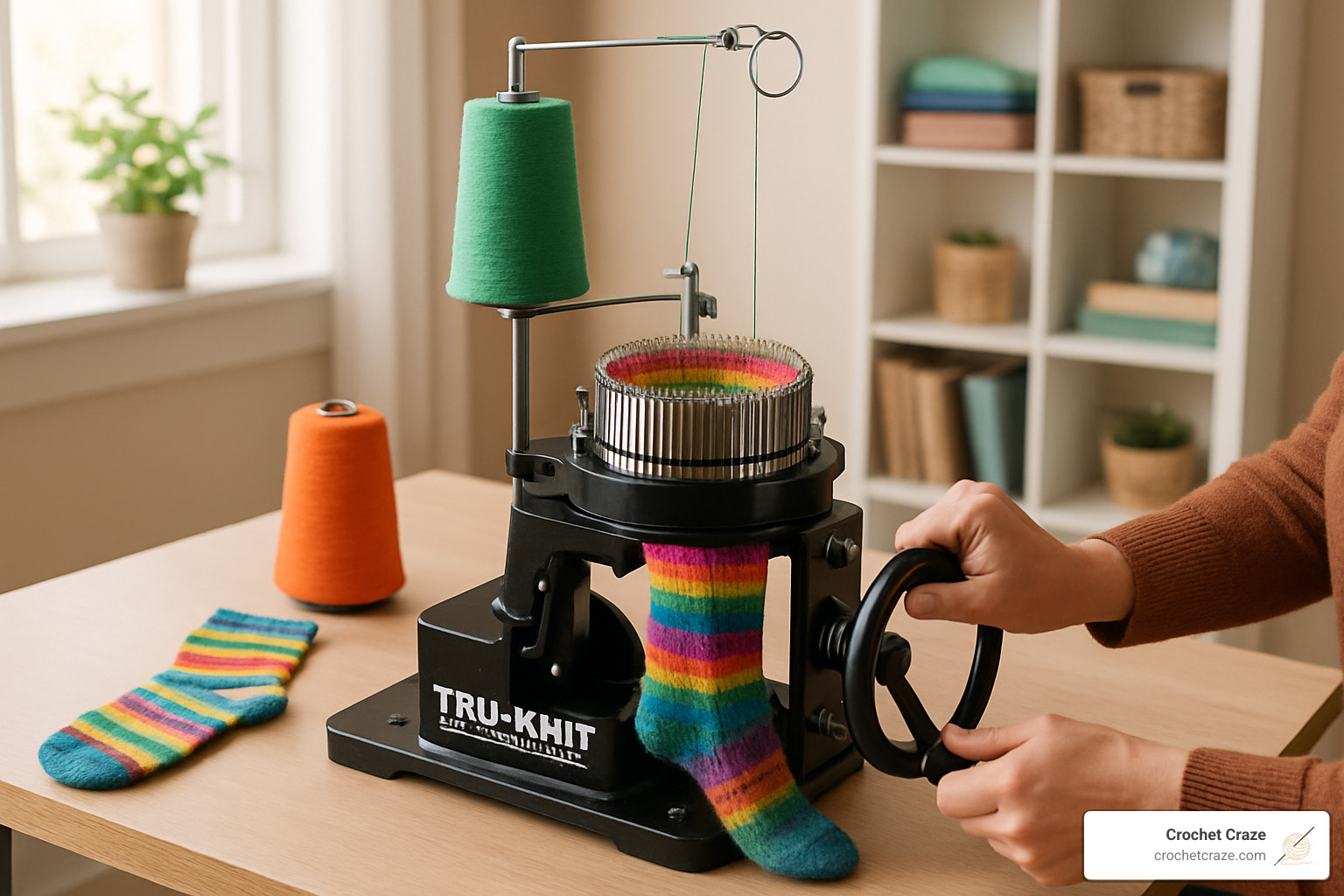 Tru-Knit Circular Sock Machine cranking socks - circular knitting machine