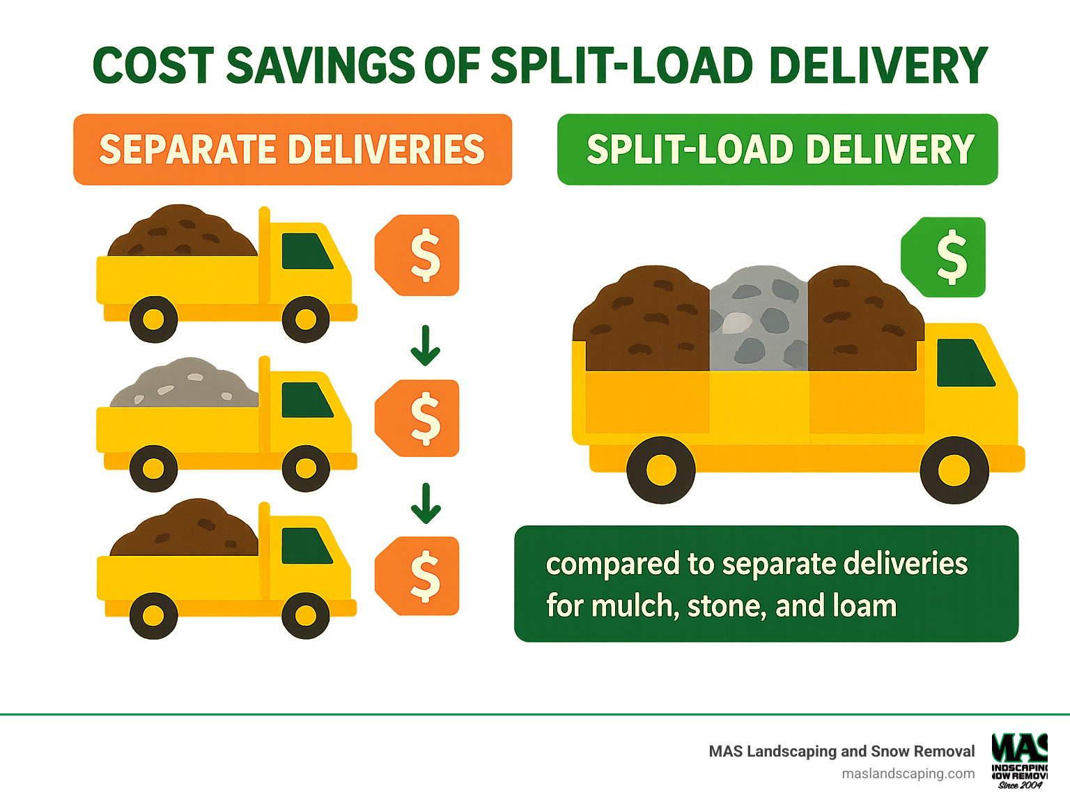Diagram showing cost savings of split-load delivery compared to separate deliveries for mulch, stone, and loam - Mulch Delivery Saugus MA infographic Diagram showing cost savings of split-load delivery compared to separate deliveries for mulch, stone, and loam - Mulch Delivery Saugus MA infographic