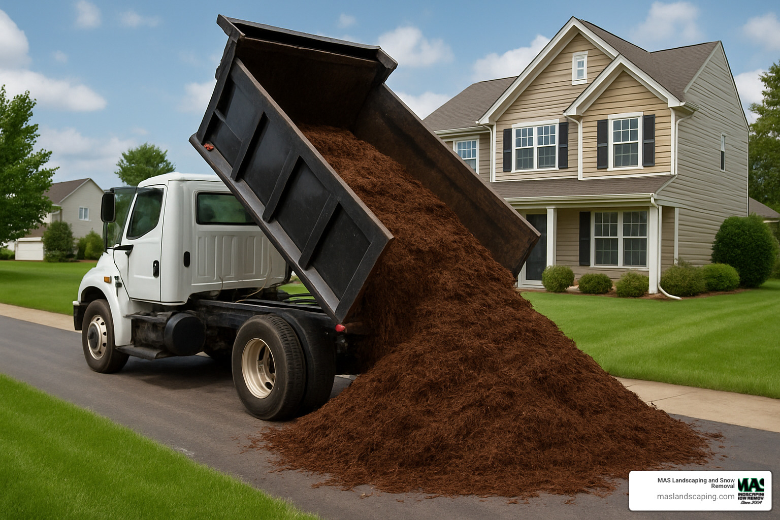 Mulch delivery truck dumping material on residential driveway - Mulch Delivery Saugus MA Mulch delivery truck dumping material on residential driveway - Mulch Delivery Saugus MA