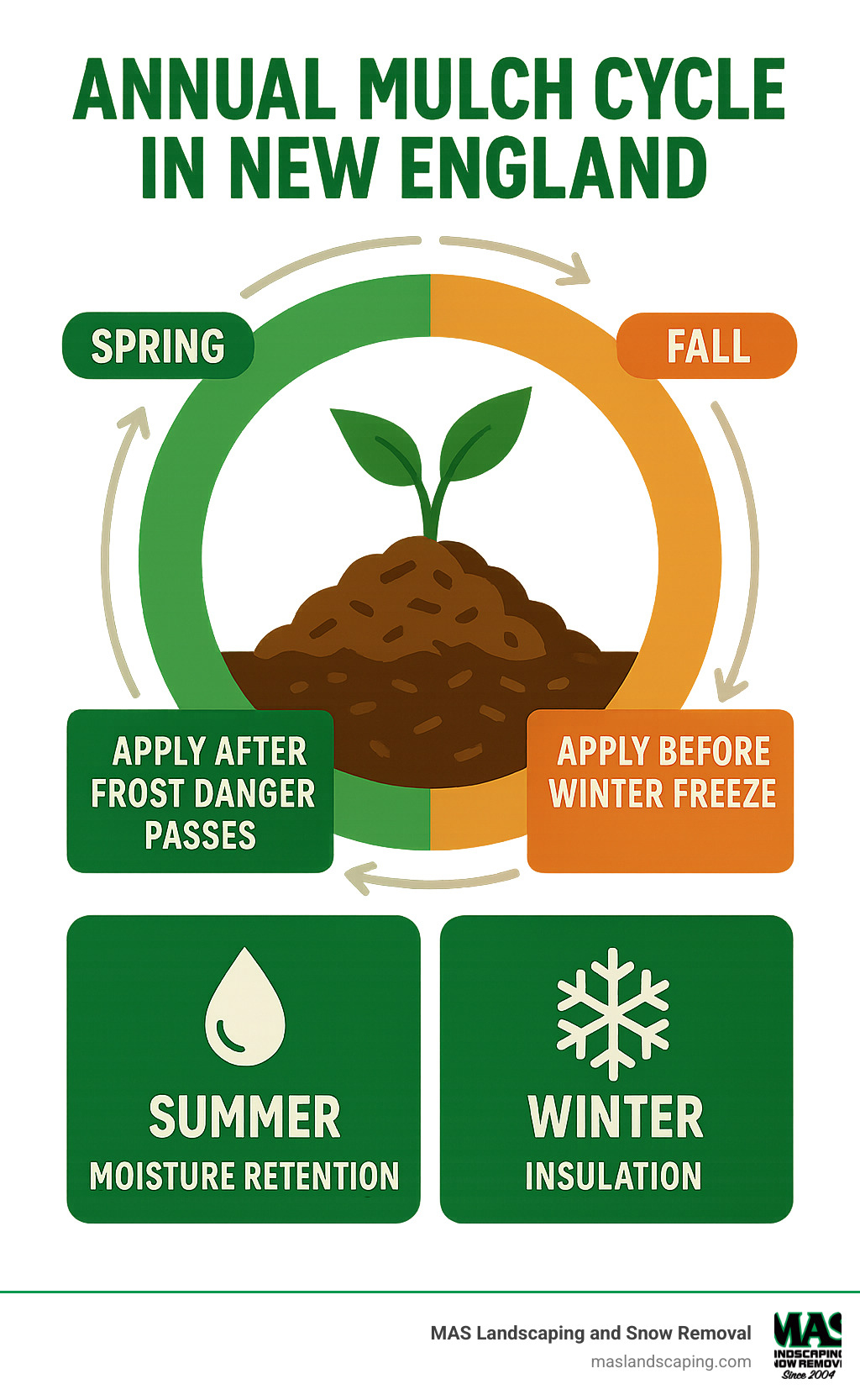 Annual mulch cycle in New England showing optimal application timing in spring after frost danger passes and fall before winter freeze, with benefits throughout each season including moisture retention in summer and insulation in winter - Mulch Delivery Saugus MA infographic Annual mulch cycle in New England showing optimal application timing in spring after frost danger passes and fall before winter freeze, with benefits throughout each season including moisture retention in summer and insulation in winter - Mulch Delivery Saugus MA infographic