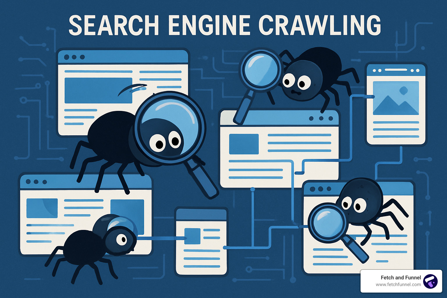 Search engine crawling visualization showing spiders navigating through website structure - how to increase search engine optimization