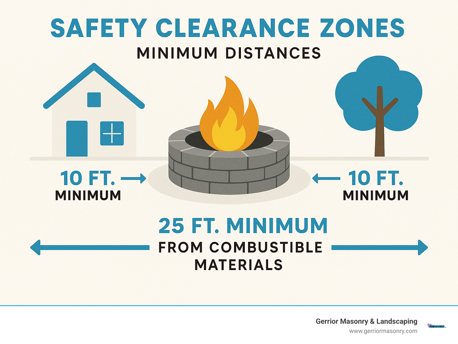 Safety clearance zones showing minimum distances from structures, trees, and combustible materials - Outdoor Firepit Builder infographic 