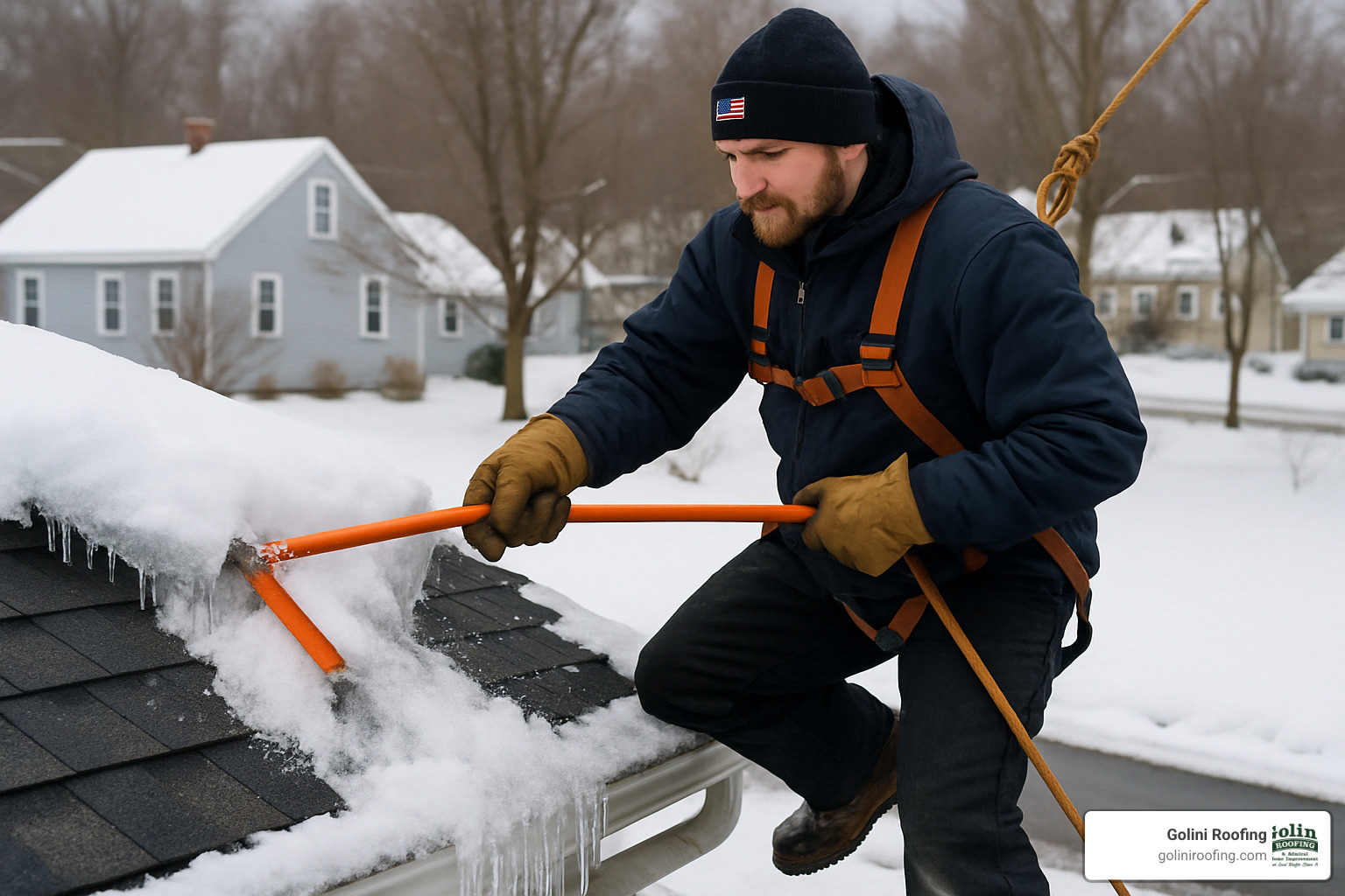 technician removing ice dam from roof - roof installation billerica ma