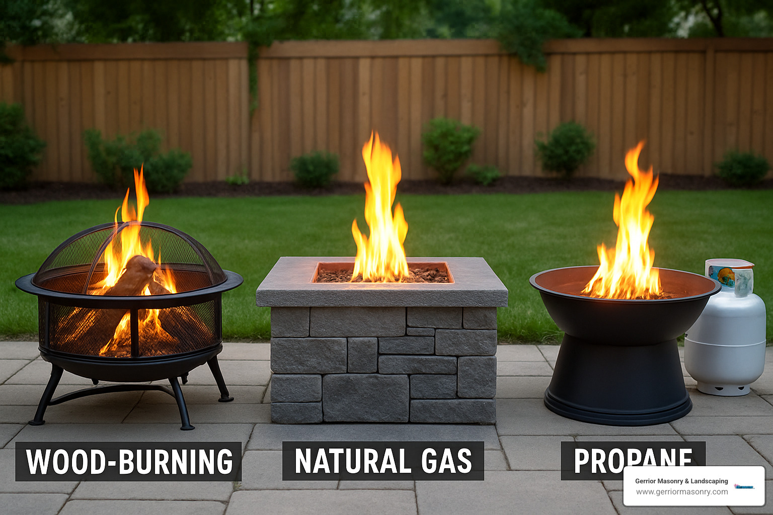 Different types of fire pit fuel options showing wood burning, natural gas, and propane models - Outdoor Firepit Builder
