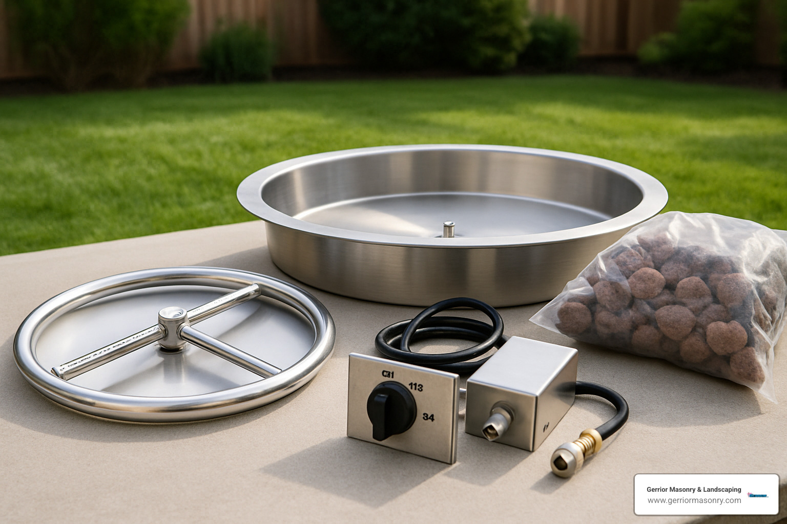 DIY fire pit kit components showing burner, pan, ignition system, and lava rock - Outdoor Firepit Builder