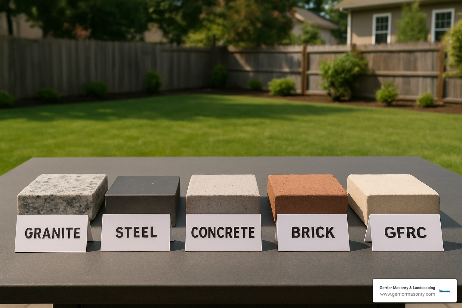 Various fire pit material samples including granite, steel, concrete, brick and GFRC - Outdoor Firepit Builder