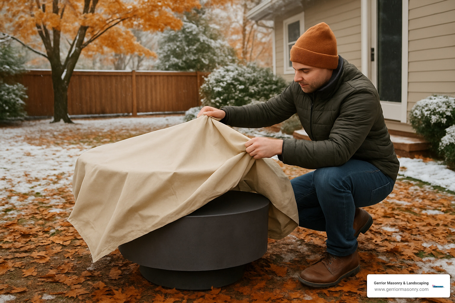 Person applying protective cover to an outdoor fire pit for seasonal protection - Outdoor Firepit Builder