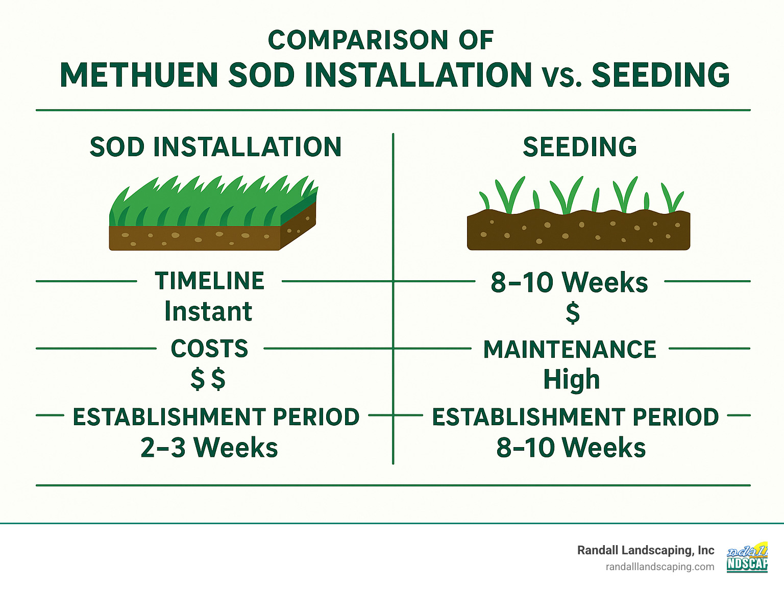 Comparison of Methuen Sod Installation vs. Seeding showing timeline, costs, maintenance needs, and establishment periods with sod providing instant results while seeding takes 8-10 weeks for comparable coverage - Methuen sod installation infographic 