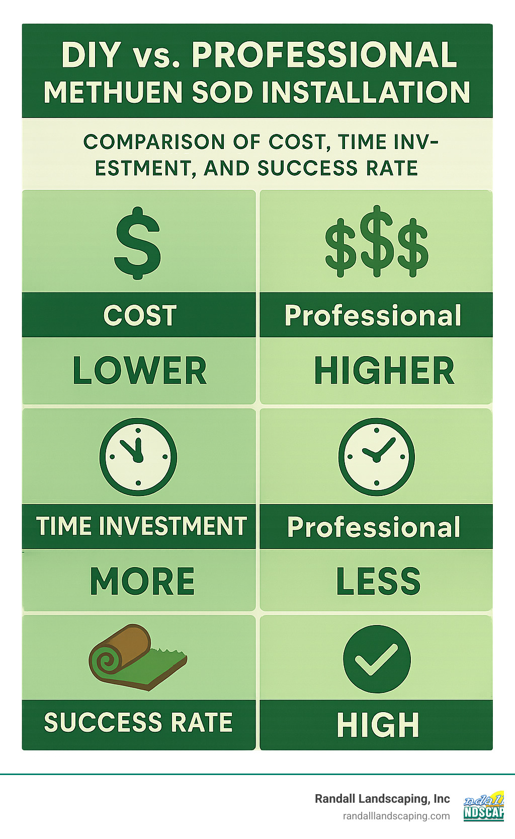 Comparison of professional vs DIY sod installation showing cost factors, time investment, and success rates - Methuen sod installation infographic 