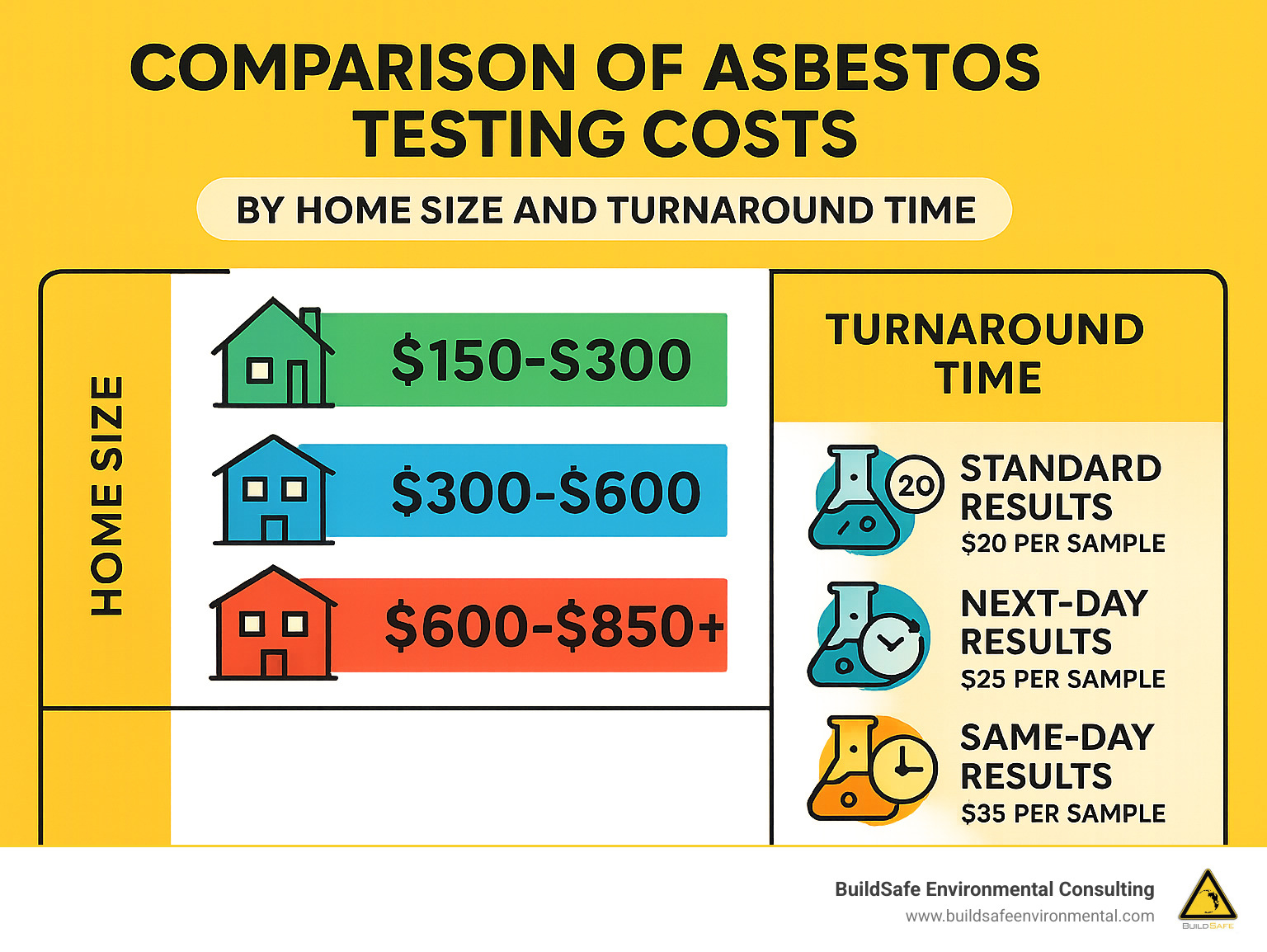 Comparison of asbestos testing costs by home size and turnaround time - asbestos testing cost denver infographic