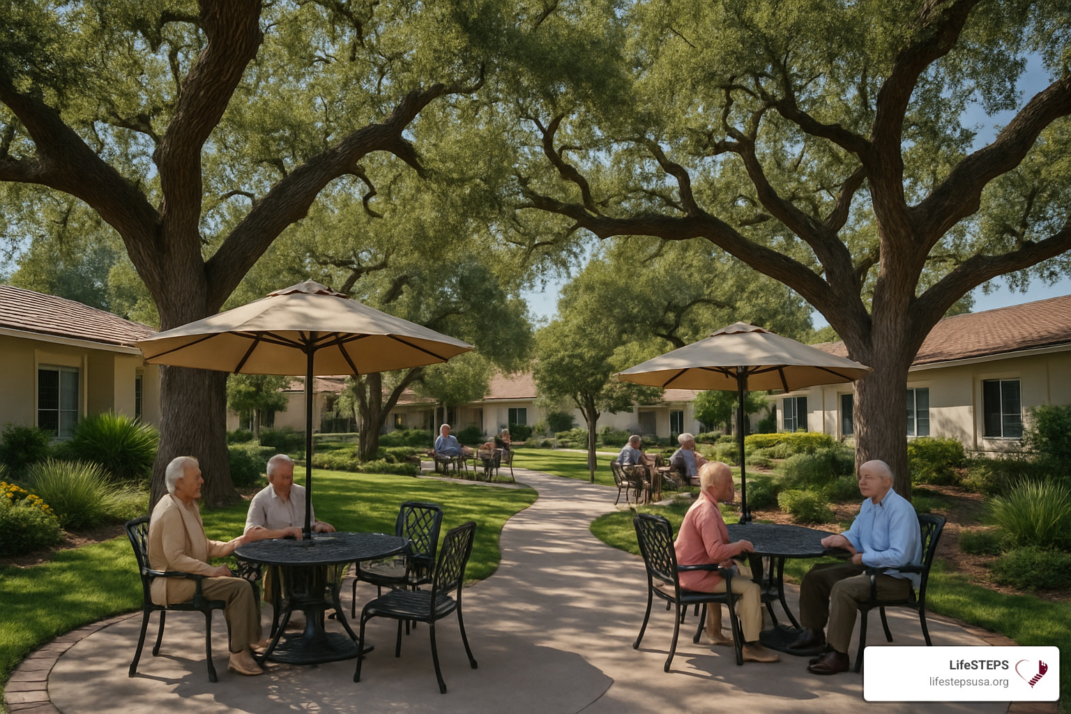 senior community courtyard with 300-year-old oak trees - assisted living facilities in thousand oaks