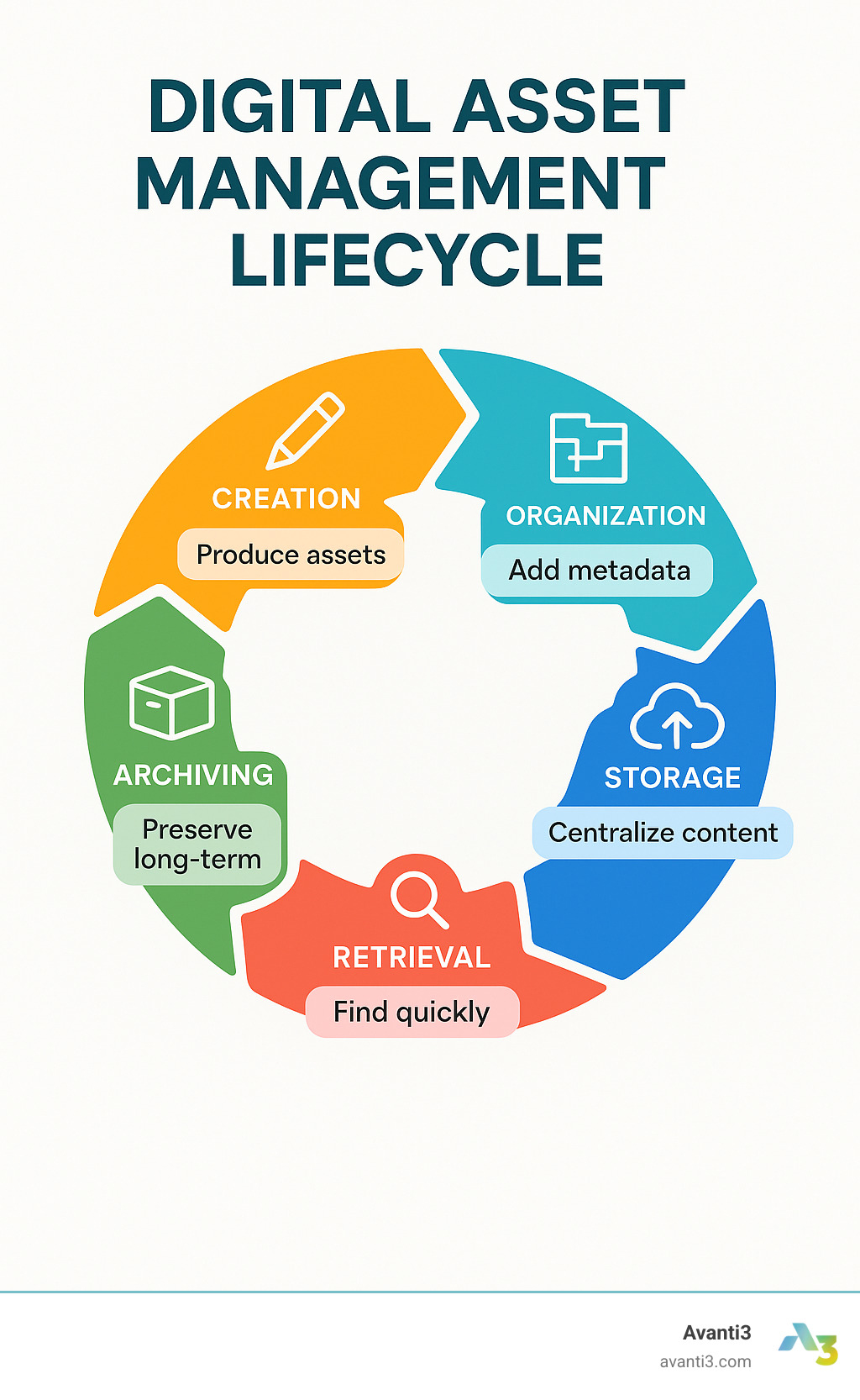Digital Asset Management lifecycle showing creation, organization, storage, retrieval, distribution and archiving with key benefits at each stage - Digital asset management infographic 