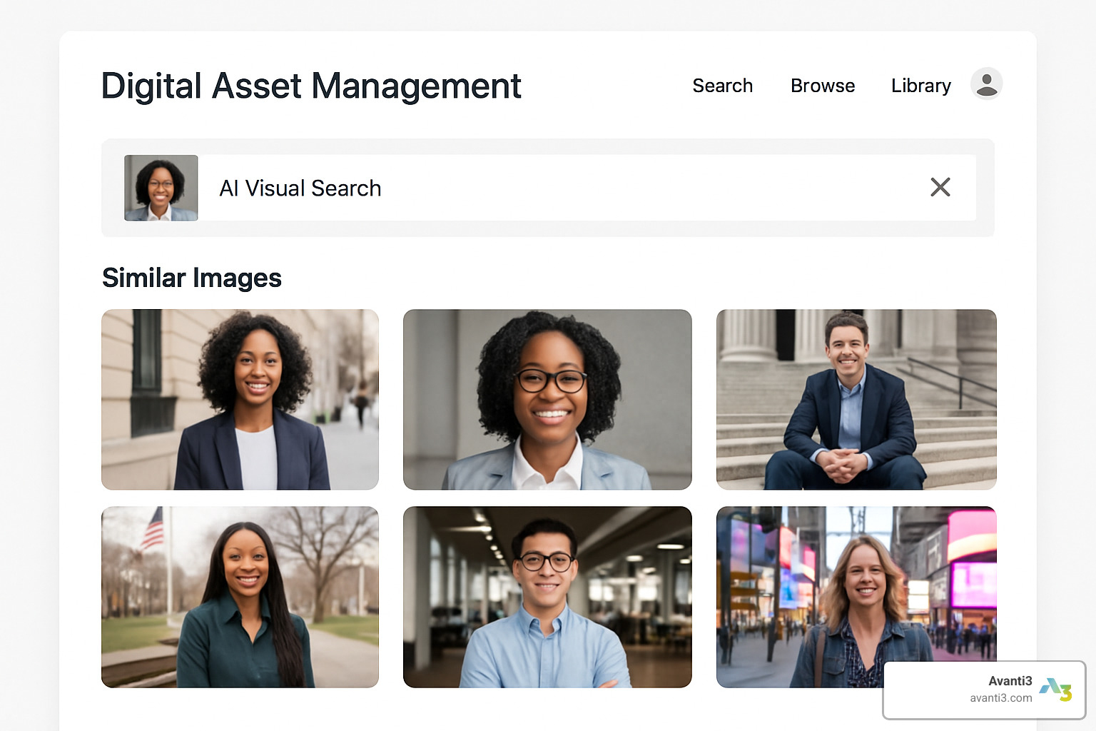 AI visual search interface showing similar image results - Digital asset management
