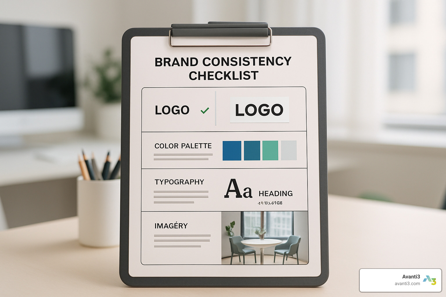 Brand consistency checklist showing logo usage, color palette, typography and imagery guidelines - Digital asset management
