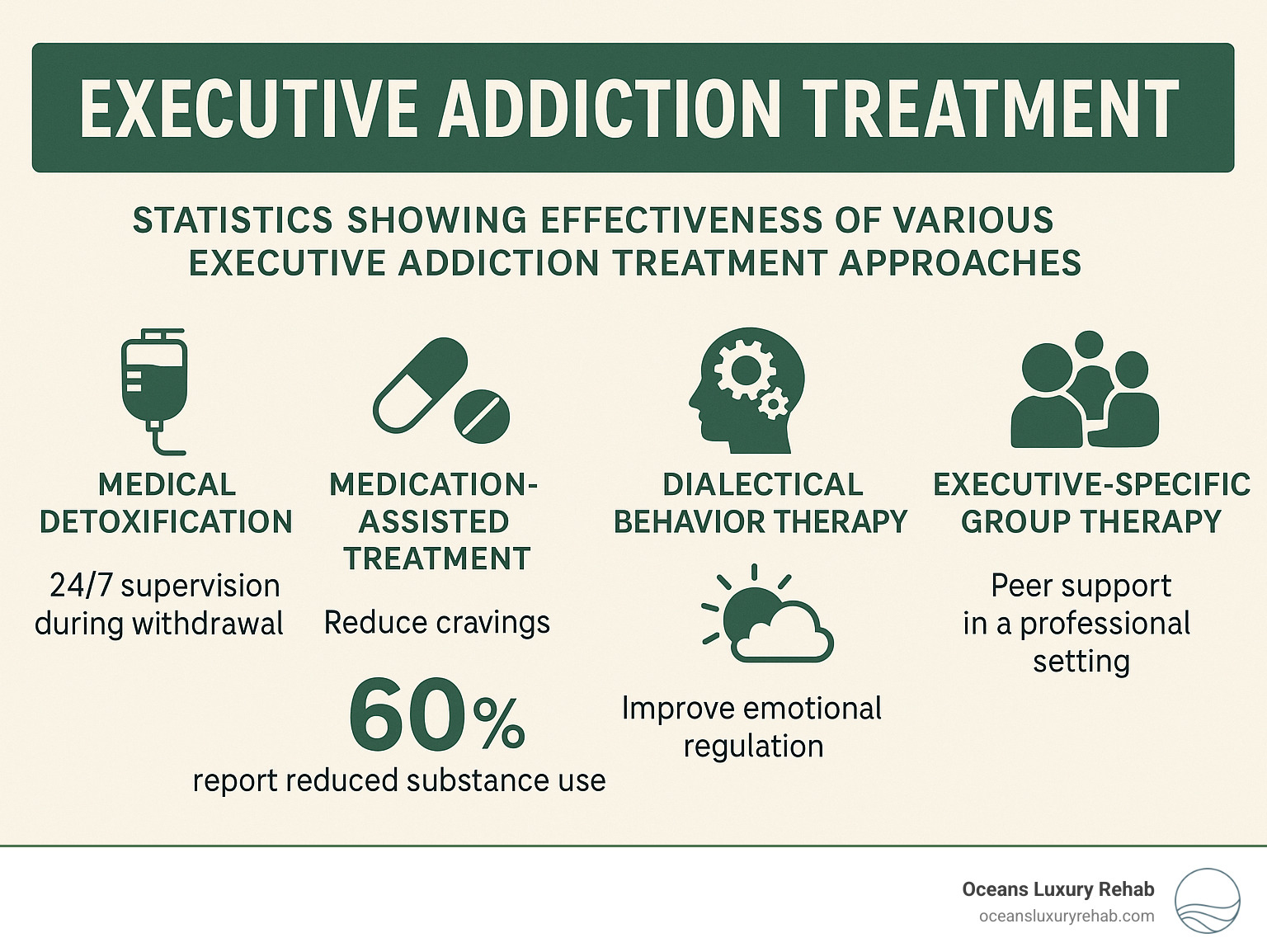 Statistics showing effectiveness of various executive addiction treatment approaches - Executive addiction treatment infographic Statistics showing effectiveness of various executive addiction treatment approaches - Executive addiction treatment infographic
