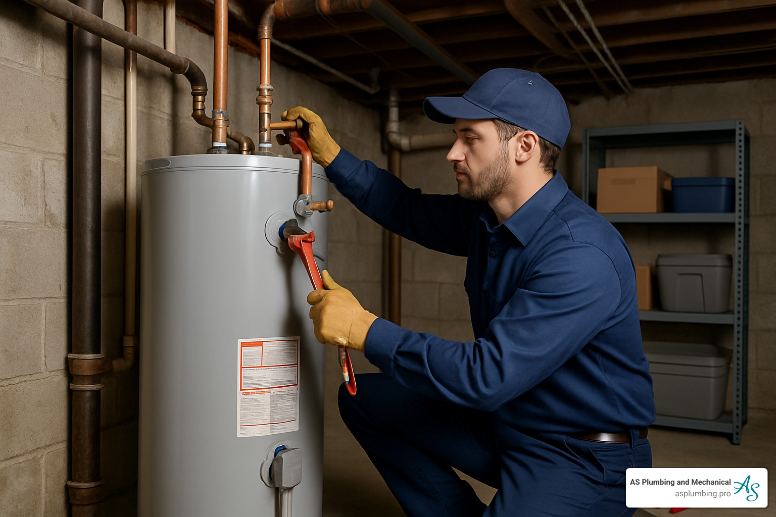 plumber installing water heater in home basement - Water heater installation services