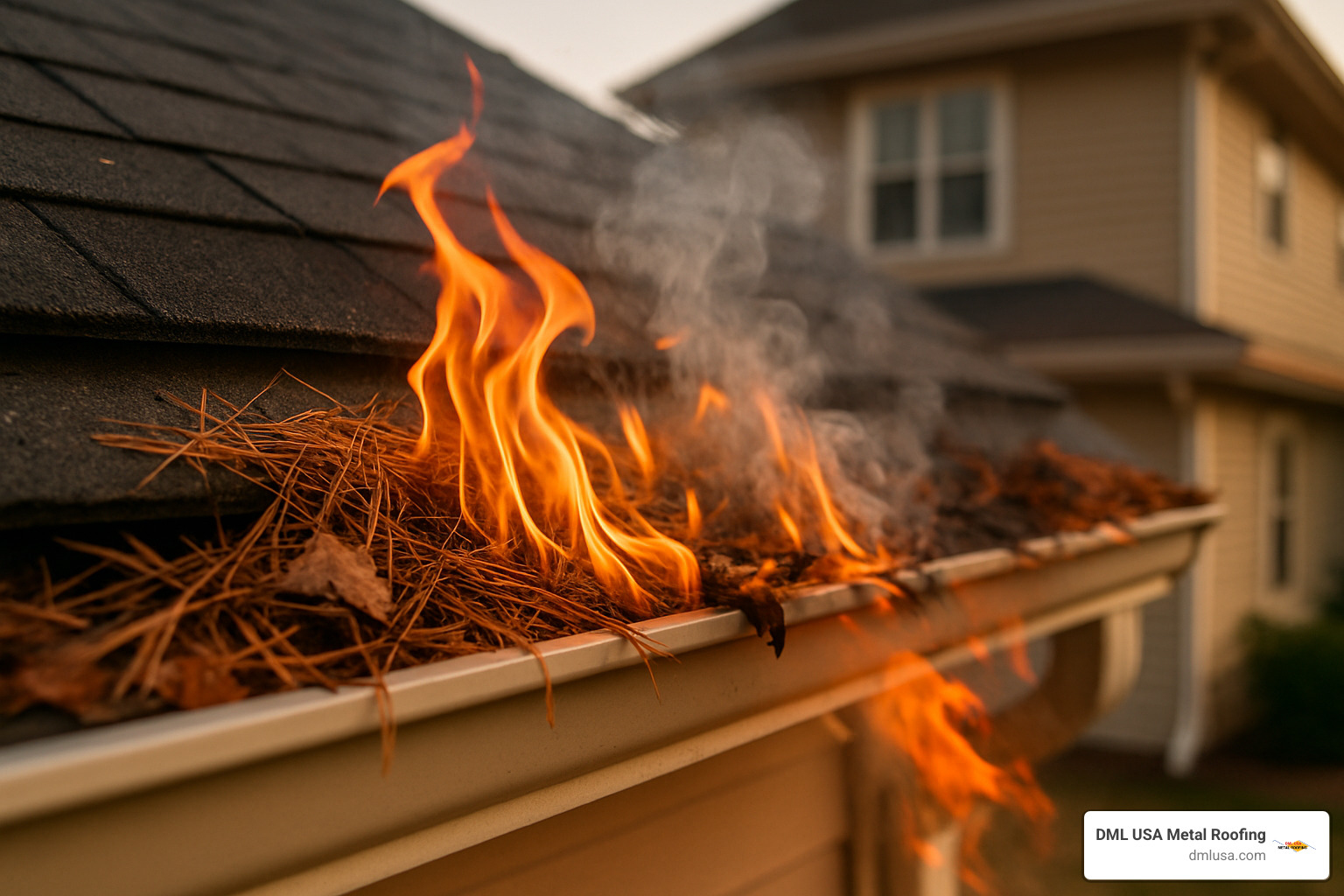 Gutter debris ignition on a roof edge - Class A roofing materials