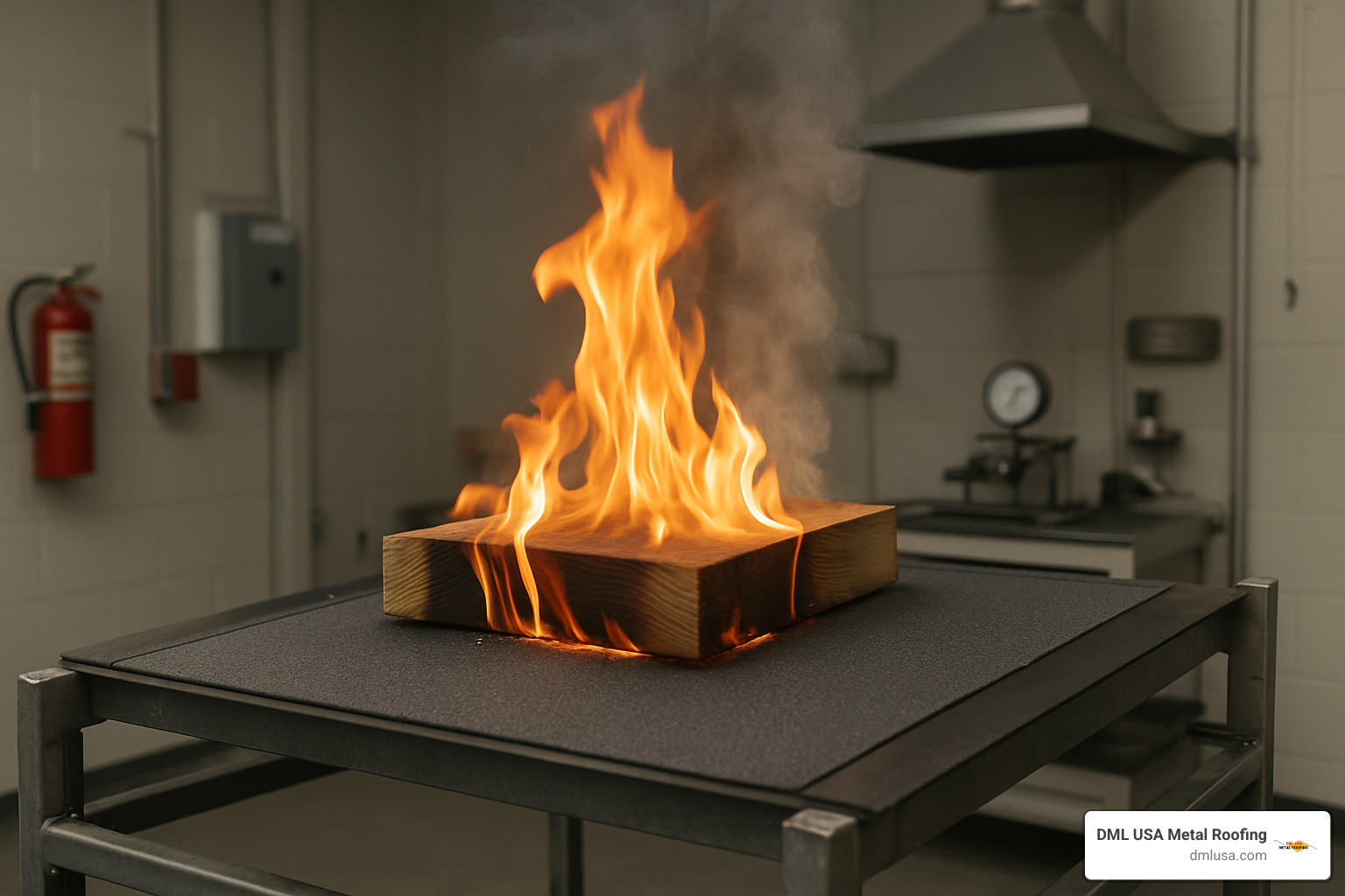 Roofing material undergoing burning brand test - Class A roofing materials