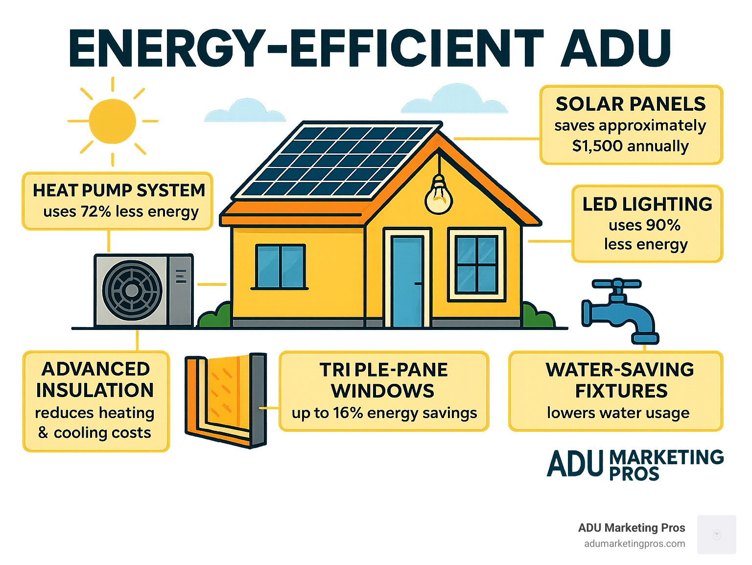 Infographic showing energy-efficient ADU features including solar panels, heat pump systems, triple-pane windows, LED lighting, advanced insulation, and water-saving fixtures with their respective energy and cost savings compared to conventional construction - Energy-efficient ADU infographic 