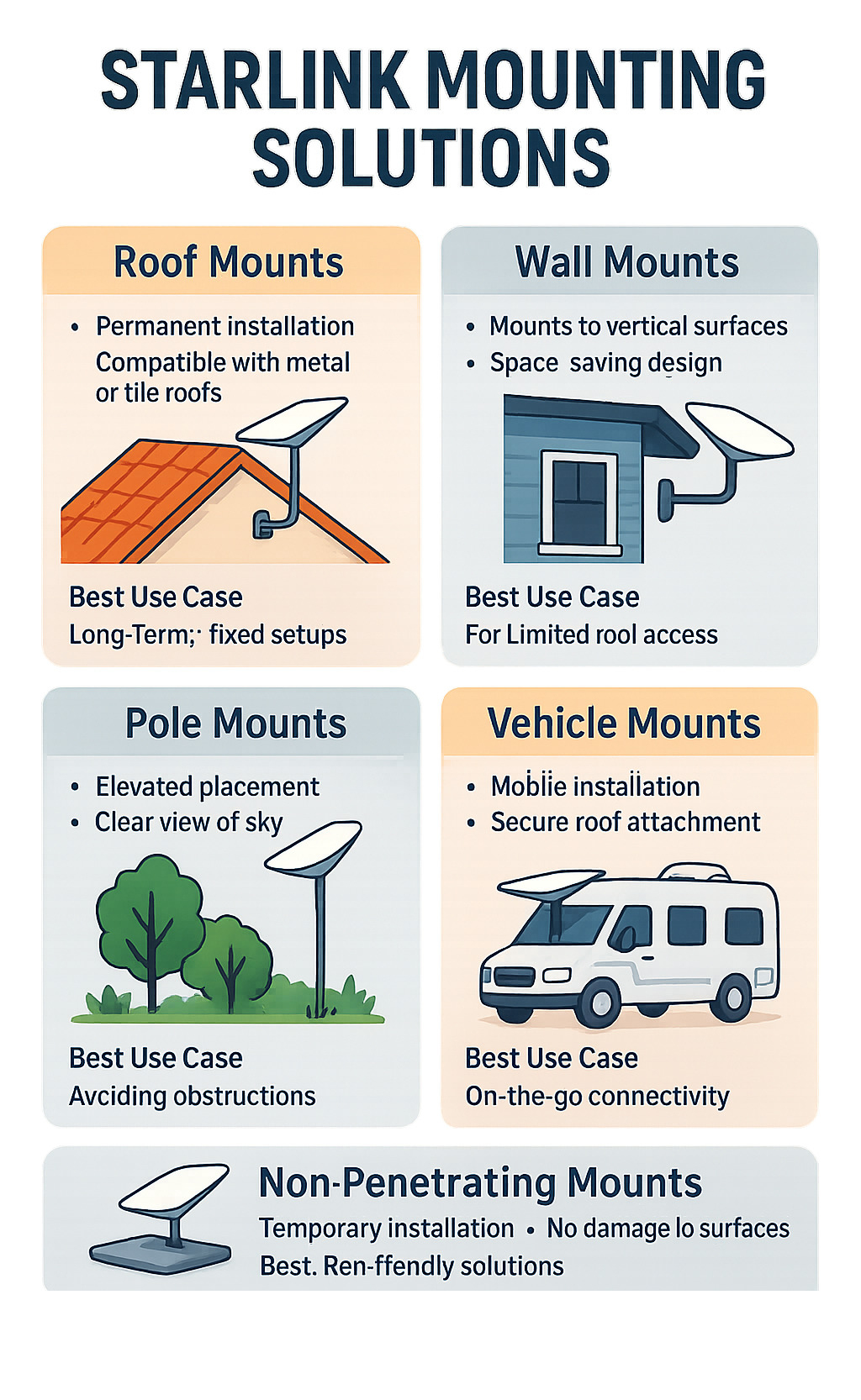 Infographic showing different Starlink mounting options including roof mounts, wall mounts, pole mounts, vehicle mounts and non-penetrating solutions with their key features and best use cases - Starlink mounting solutions infographic 