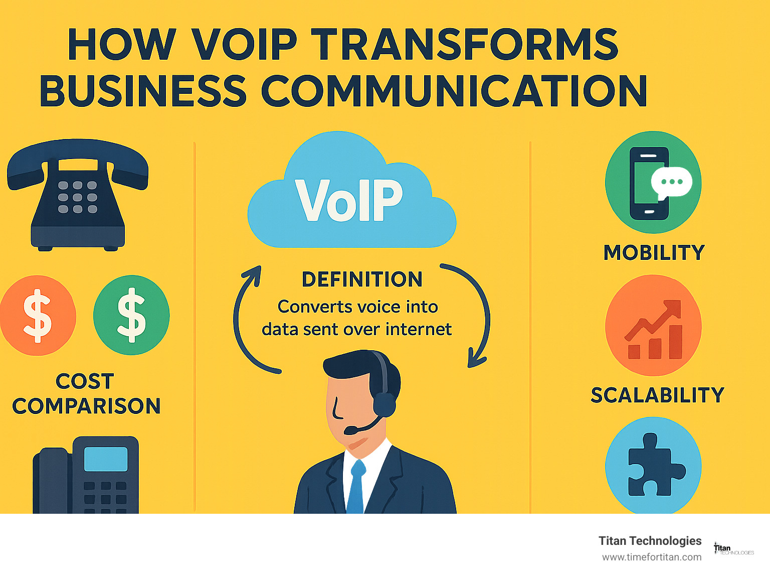 Diagram showing how VoIP transforms business communication, including cost comparison between traditional phones and VoIP, the technical process of voice data transmission over internet, and key features like mobility, scalability, and integration capabilities - VoIP solutions New Jersey infographic 