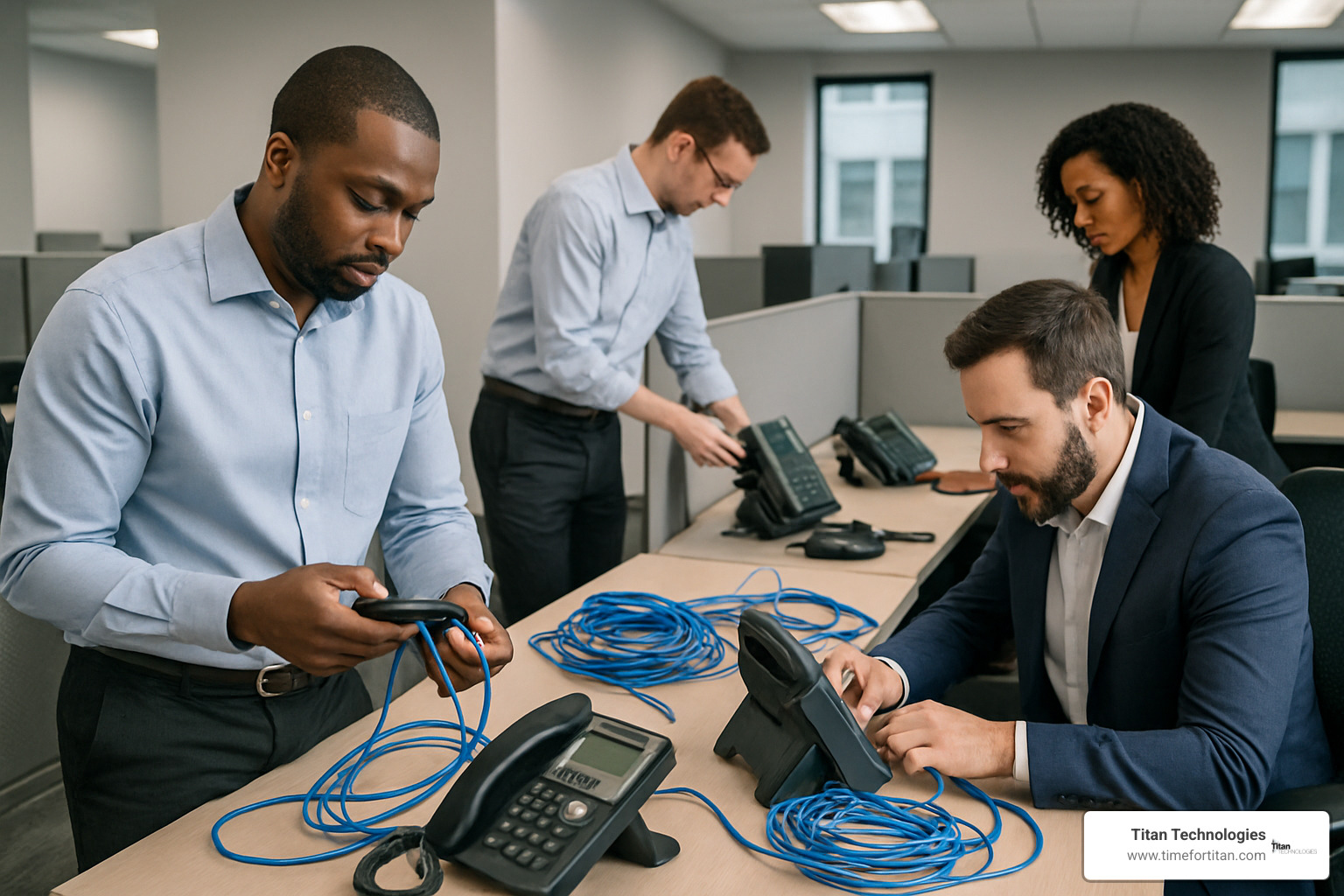 IT professionals setting up VoIP equipment in an office - VoIP solutions New Jersey