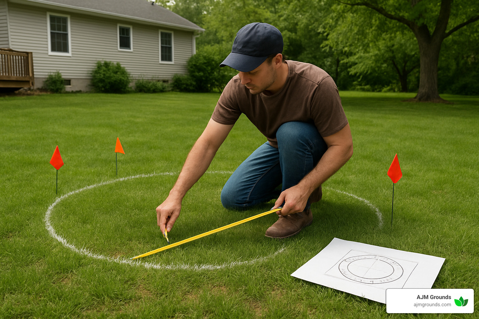 planning a backyard fire pit with measuring tape and layout - building a backyard fire pit