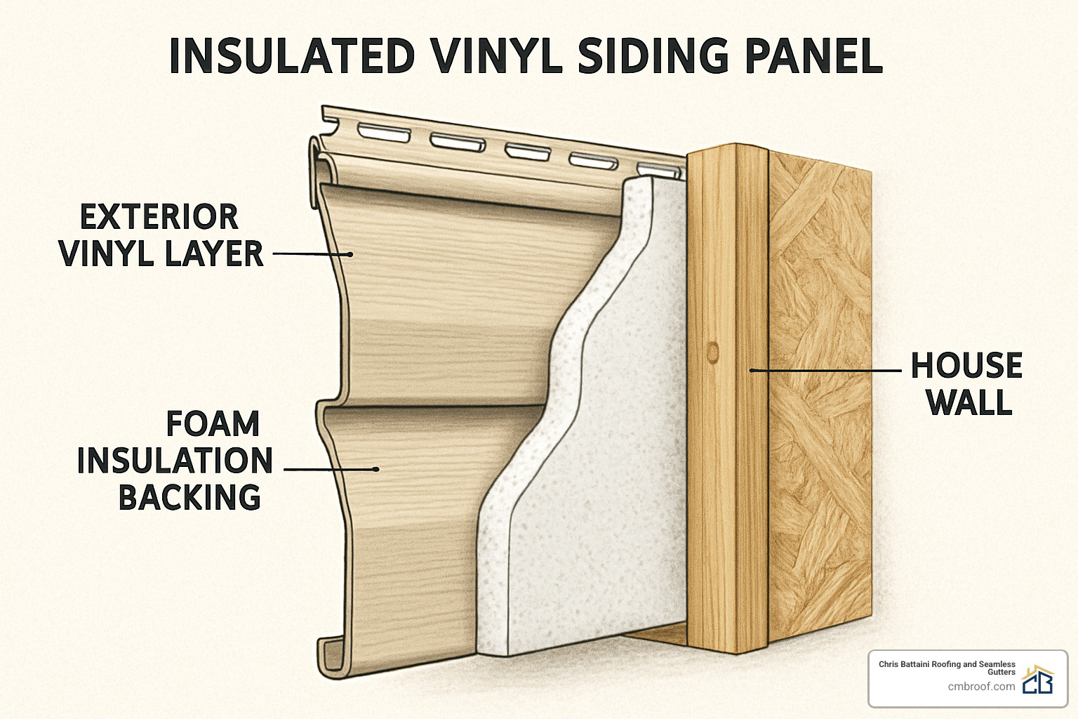 cross-section of insulated vinyl siding panel - gutter and siding