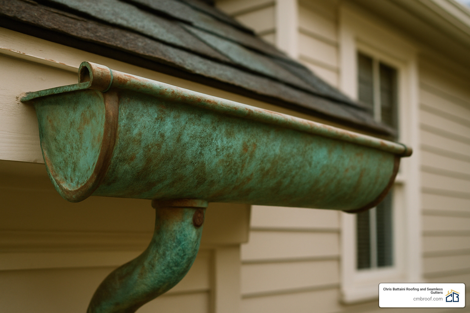 close-up of copper half-round gutter with patina - gutter and siding