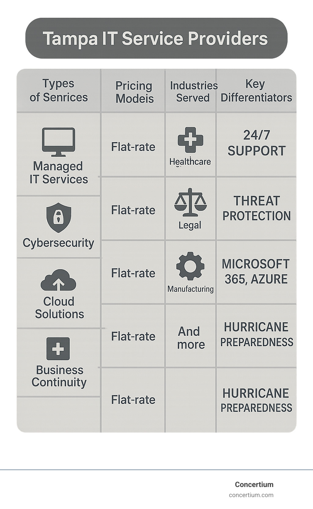 Comprehensive overview of Tampa IT service providers showing types of services, pricing models, industries served, and key differentiators in a comparative format - it services tampa infographic 