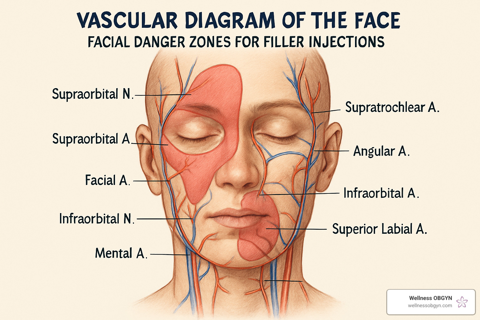 Vascular diagram showing facial danger zones for filler injections - Juvederm