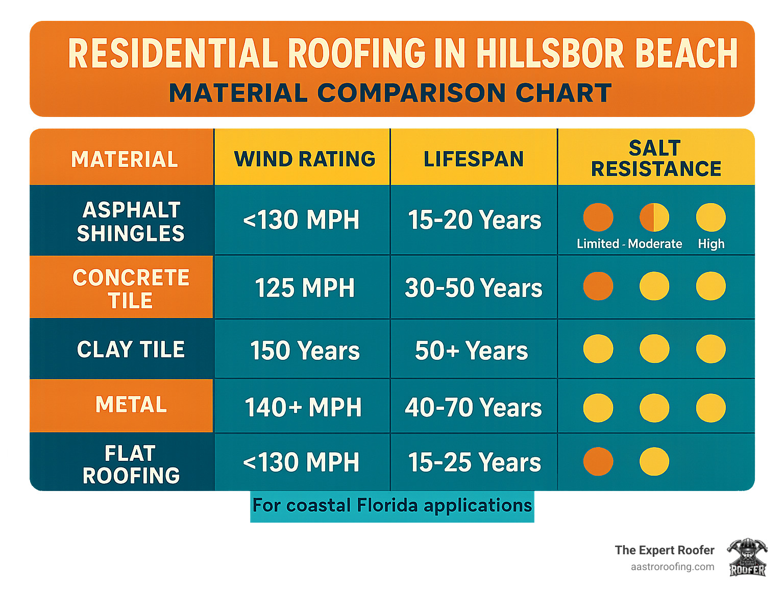 Residential Roofing in Hillsboro Beach: Material Comparison Chart showing wind ratings, lifespan, and salt resistance for asphalt shingles, concrete tile, clay tile, metal, and flat roofing systems, with specific values for coastal Florida applications - Residential roofing Hillsboro Beach infographic 