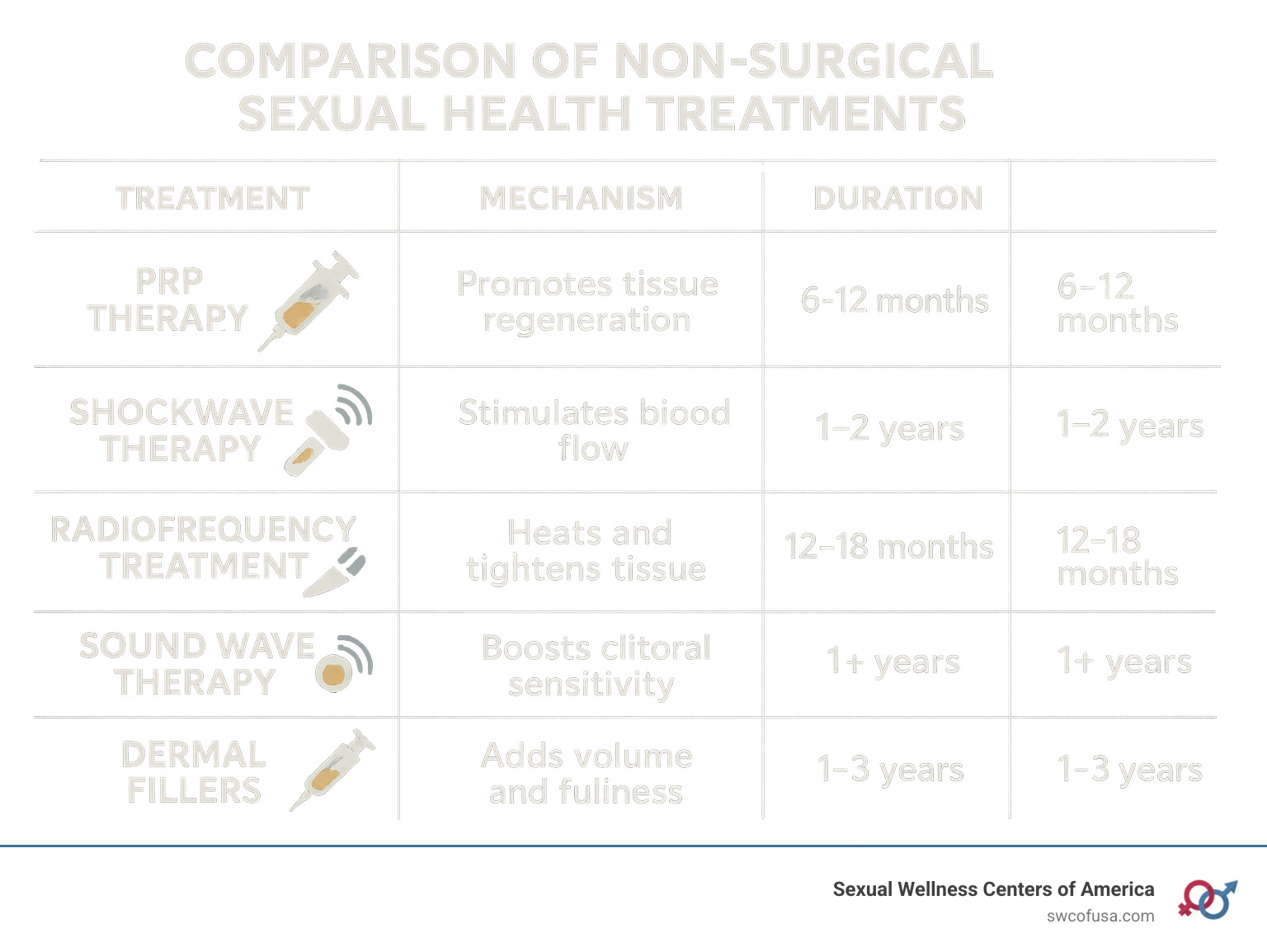 Comparison of non-surgical sexual health treatments showing PRP therapy, shockwave therapy, radiofrequency treatment, sound wave therapy, and dermal fillers with their mechanisms of action, treatment duration, and expected results - Non surgical sexual health treatments infographic