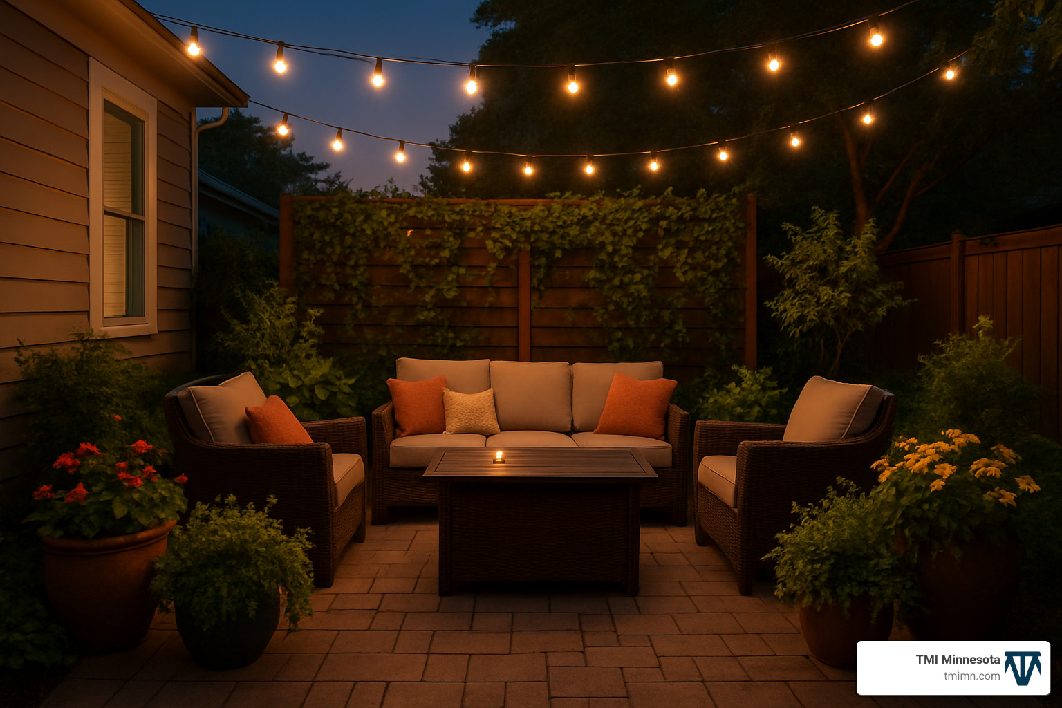 outdoor patio with string lights and privacy screen - Backyard patio ideas